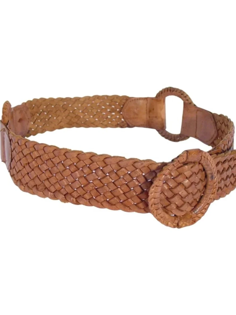 HANDWOVEN Tan Leather Braided O-Ring Belt Women's M - Picture 2 of 6